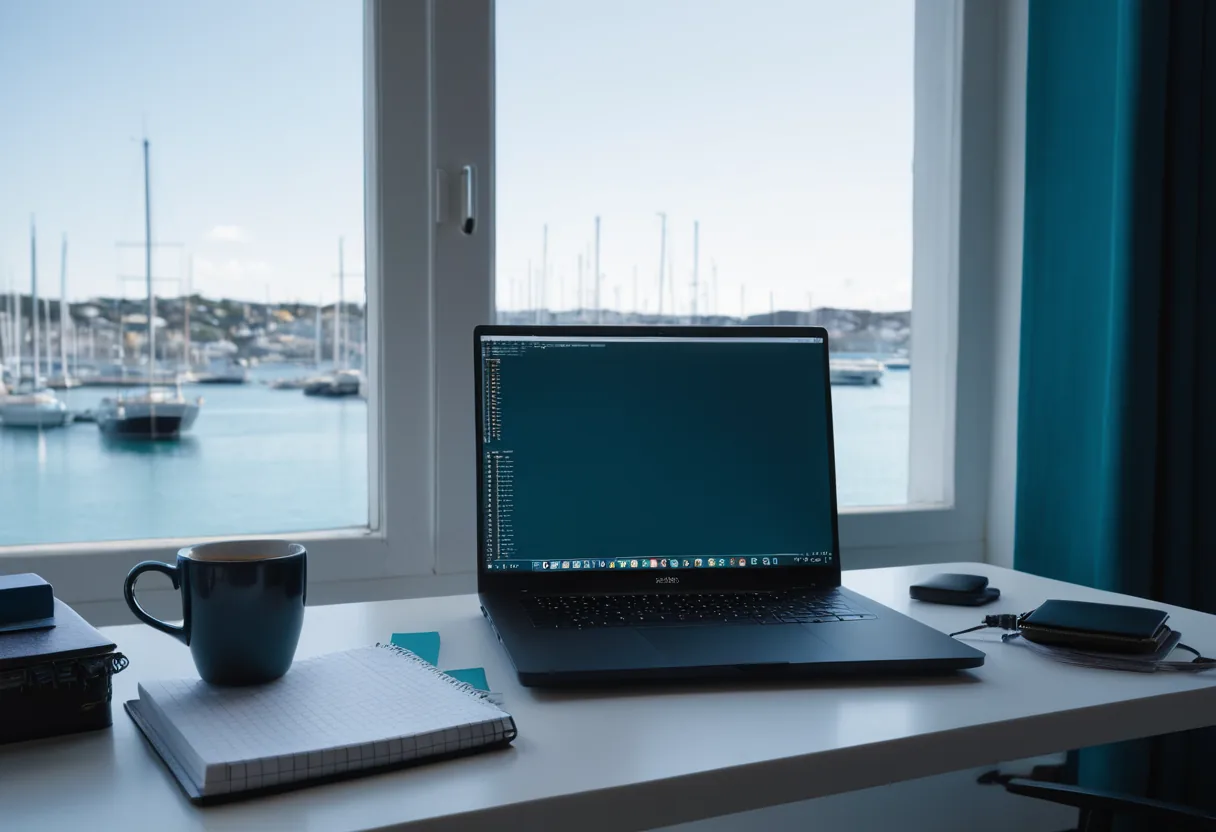 A designer's desk by a window overlooking a harbour, laptop open
