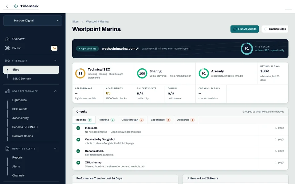 Site health page with separate score rings